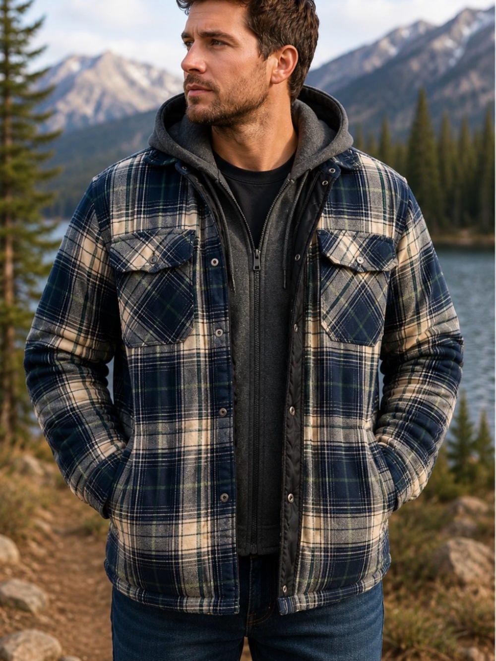 RedHead Navy and Cream Plaid Layered Shirt Jacket